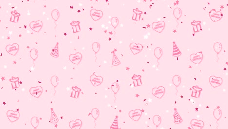 fondo abstracto feliz cumpleaños con globos, sombreros de fiesta y corazones