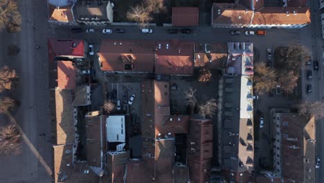 AERIAL:-Top-View-of-Kaunas-Oldtown-with-Medieval-Houses-with-Red-Roofs