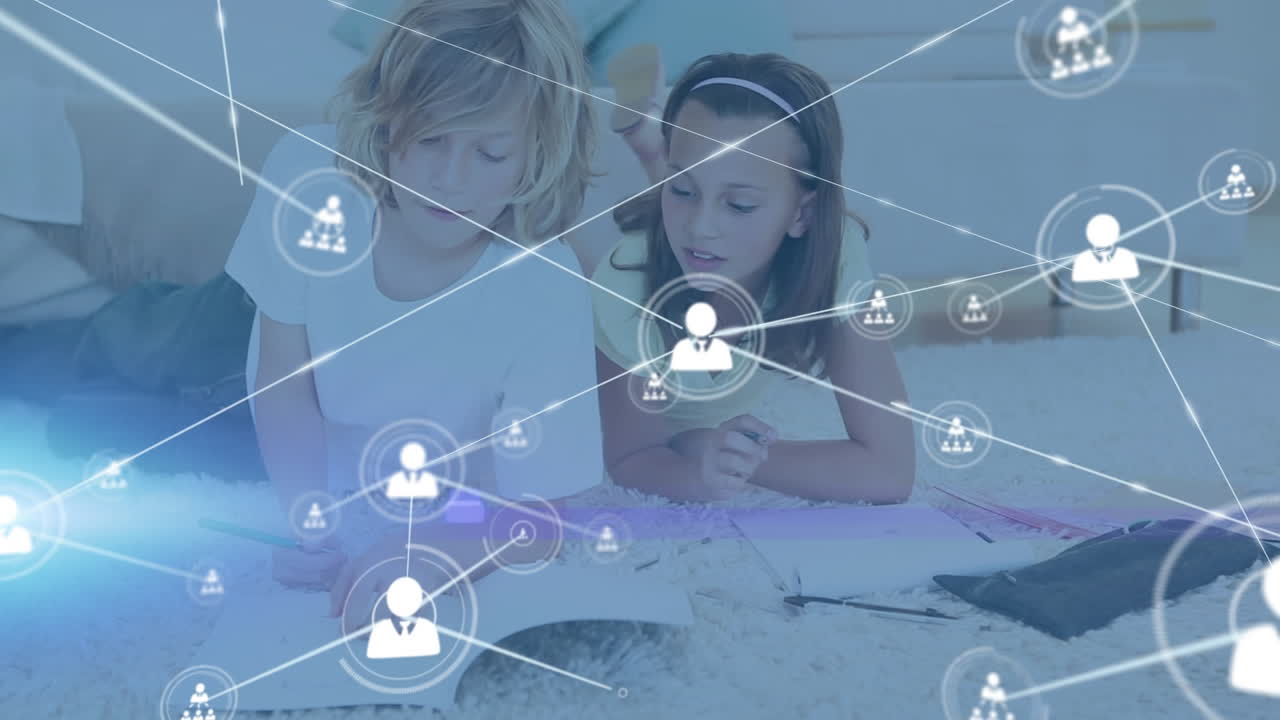 가정에서 숙제를 하는 백인 소녀와 소년에 대한 프로필 아이콘 네트워크의 애니메이션