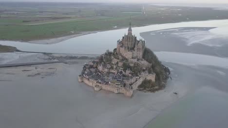 Drone-aerial-shot-of-Mont-Saint-Michel-in-Normandy-France