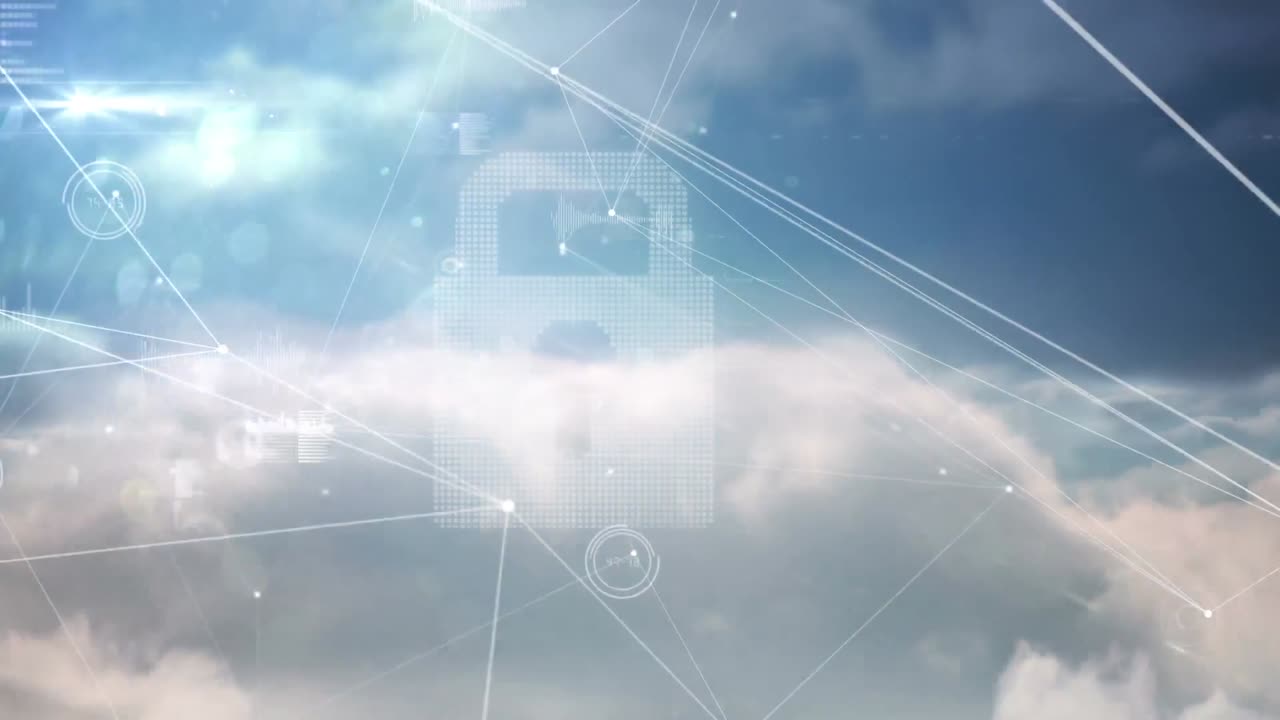 Digital animation of network of connections over security padlock icon against clouds in blue sky