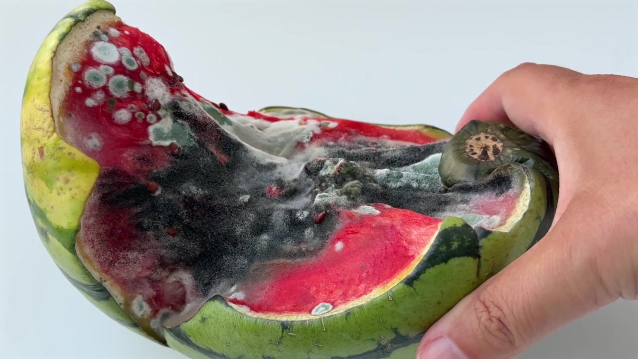 Un'anguria marcita nel frigorifero, primo piano.