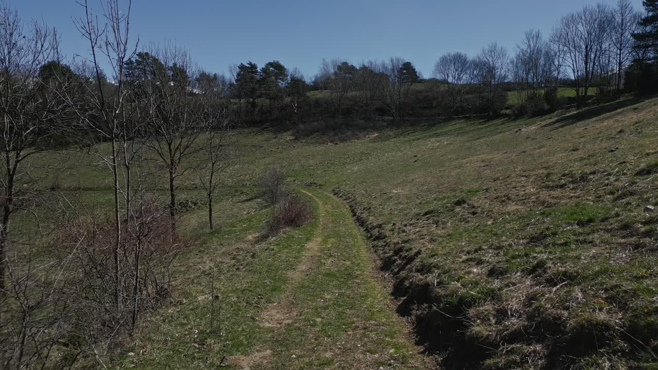 Sunlight casting warm glow on winding dirt path stretching through lush green meadow, leading towards distant treeline under expansive clear blue sky with serene countryside landscape