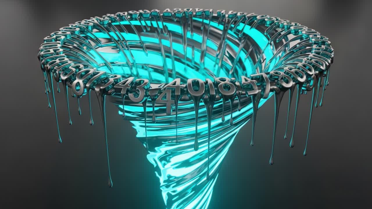 A Vivid Visualization of a Spiral Vortex with Dripping Numbers: Exploring the Concept of Data Flow and Transformation in a Dynamic Digital Environment