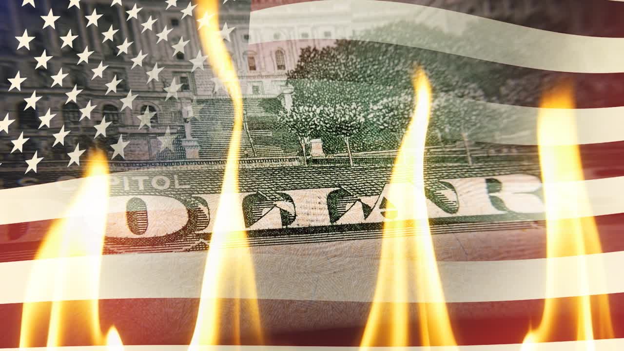 미국 발을 흔드는 배경에 불타고 있는 1달러 지폐 클로즈업, 개념적 4k 슬로모션 비디오, 금융 위기의 아이디어