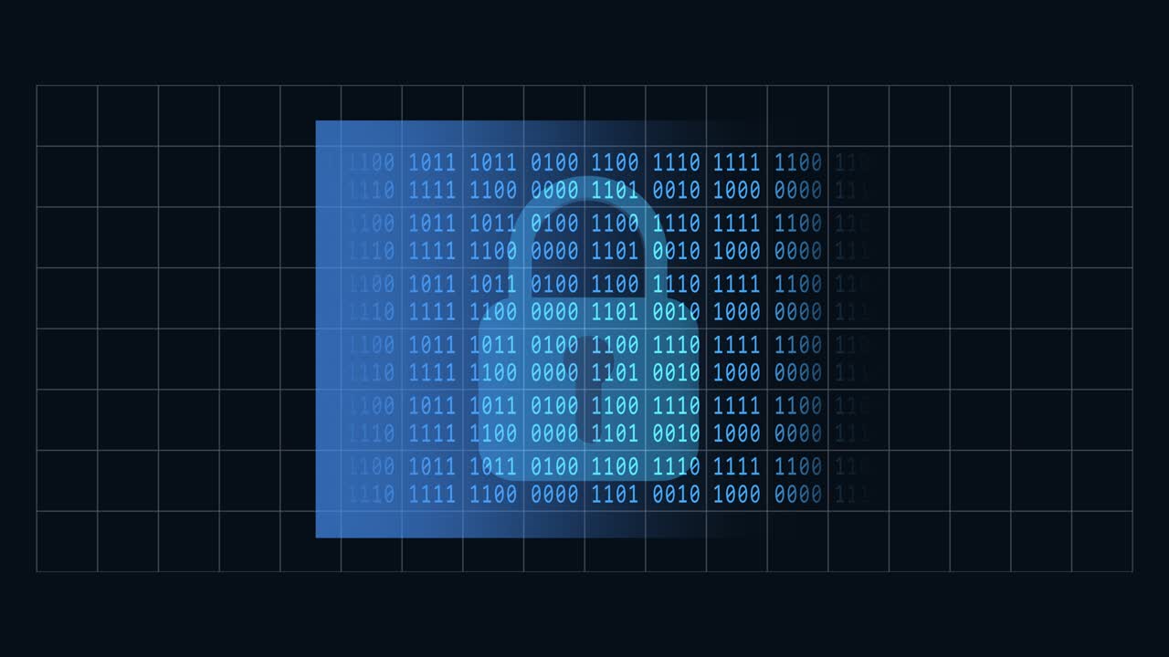 Abstract animated background in 4K with grid pattern - movement of spotlight window over random varying 4-digit binary code and padlock in blue color