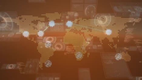 Animation-of-world-map,-network-of-connections-and-data-processing-on-orange-background