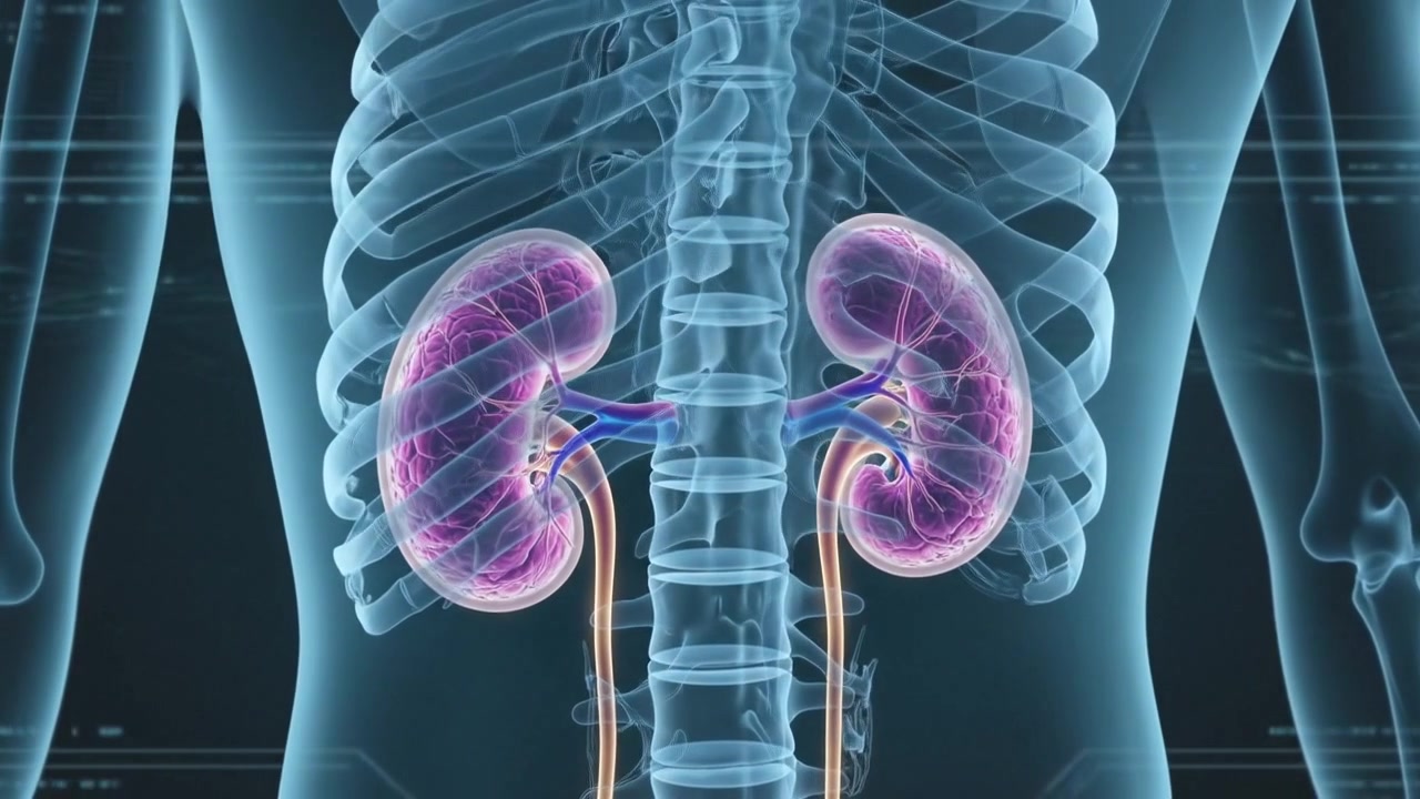 Kidney and urinary system anatomy visualization inside human body