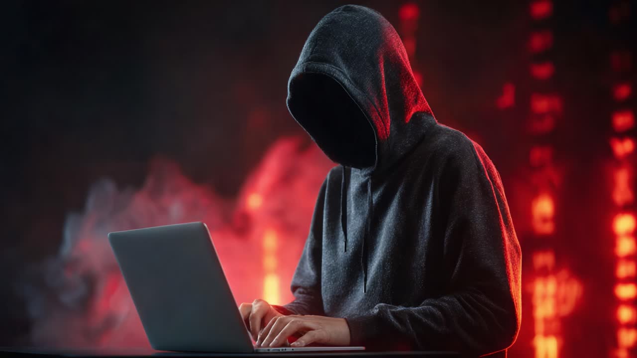 A mysterious figure in a dark hoodie focuses intently on a laptop, silhouetted against a backdrop of vibrant red lights and smoke, representing the concept of secrecy and technology