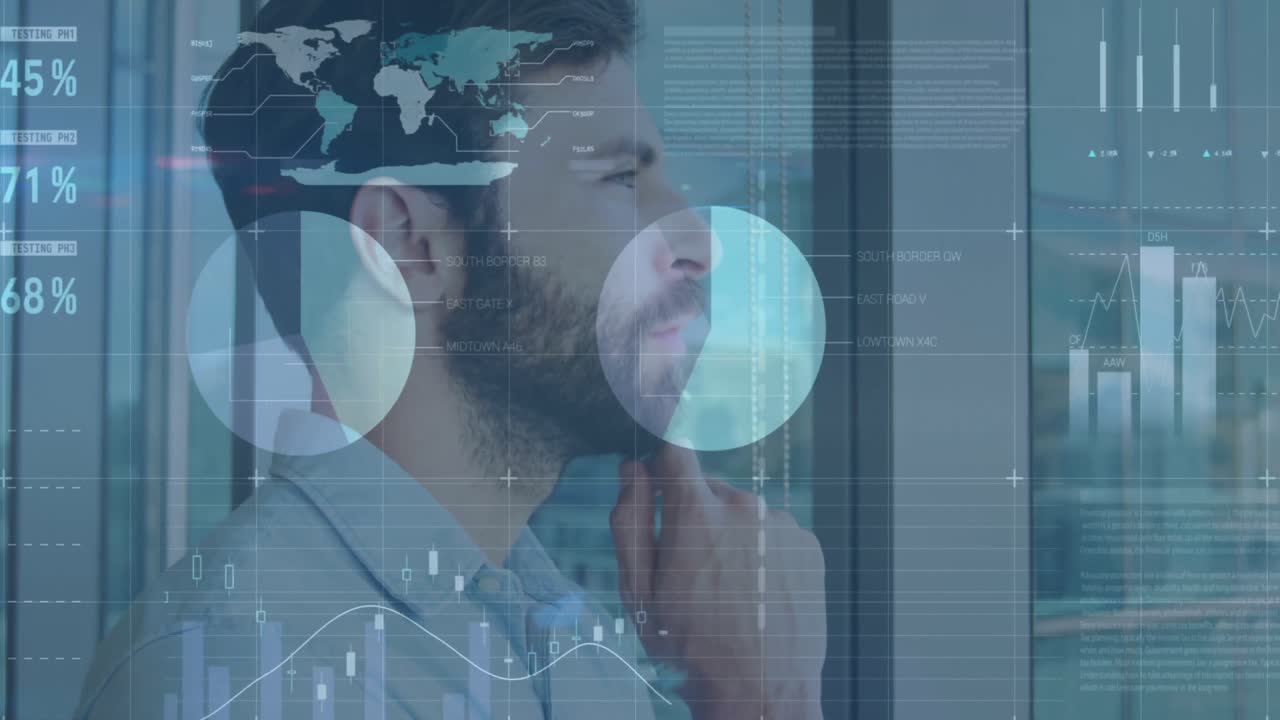 Animation of financial data processing over caucasian businessman thinking