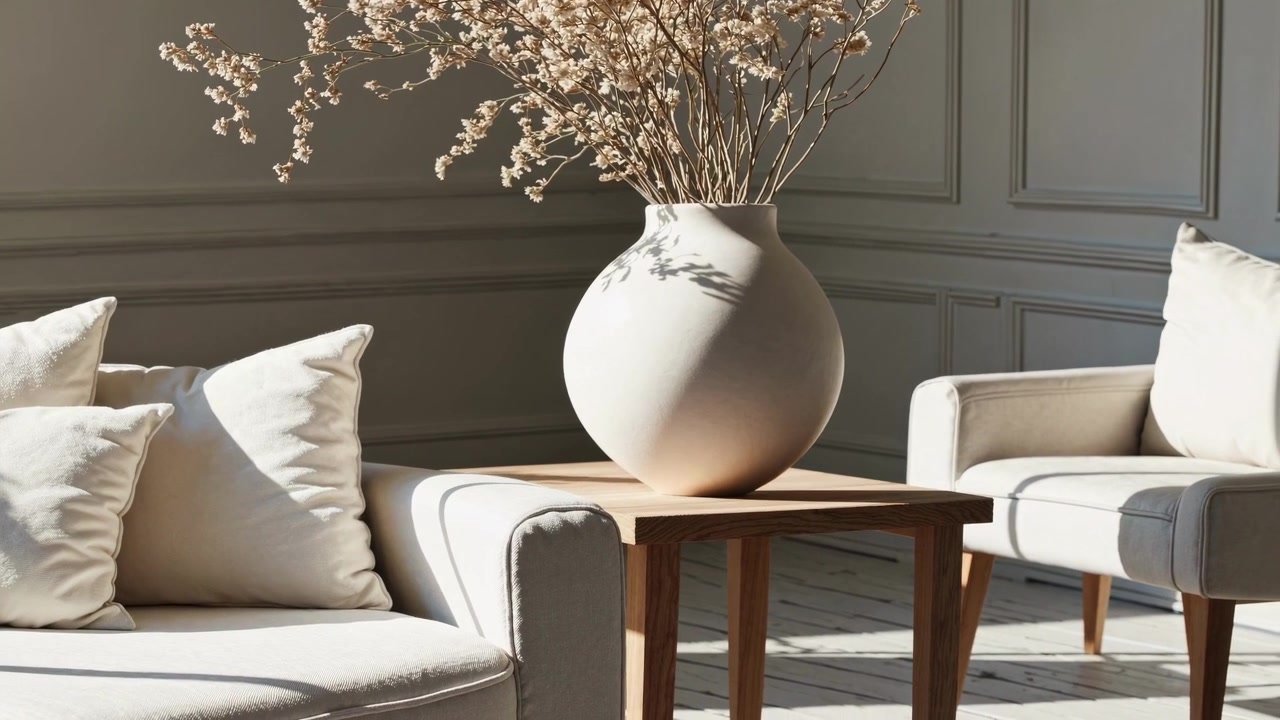 Interior de Sala de Estar Minimalista con Flores Secas en Jarrón