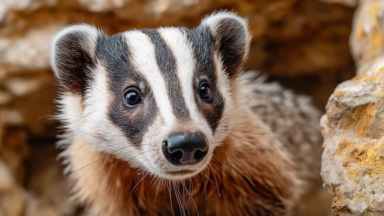 Primo Piano Accattivante di un Tasso Curioso nel Suo Habitat Naturale, Che Mostra Strisce Distintive e Caratteristiche Espressive