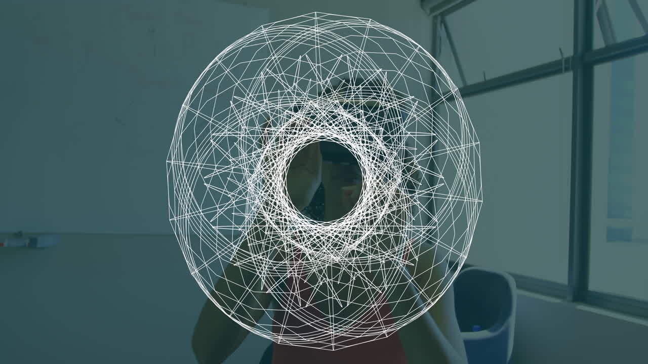 animación de visores escaneando sobre una mujer de negocios con auriculares vr