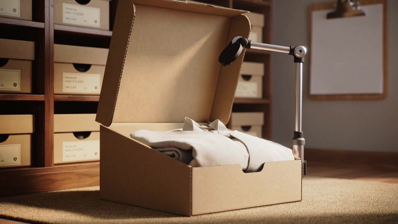 Pivoting arm lifting box lid at packing workspace revealing folded shirt, shelves, clipboard