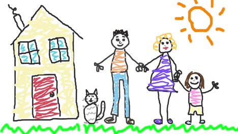 animación de una pareja dibujada a mano con una hija y un gato al lado de la casa y el sol sobre un fondo blanco