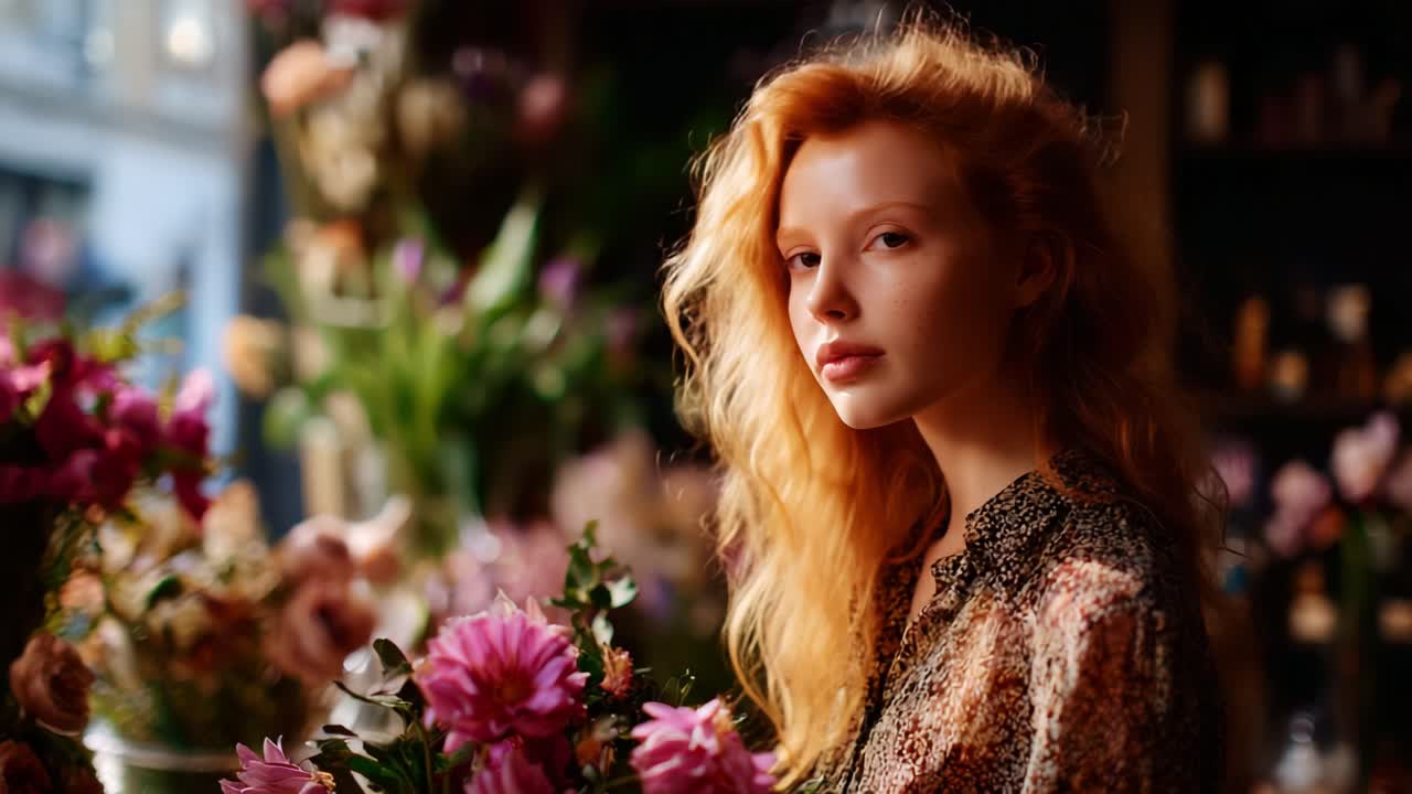 Captivating Moment: A Young Woman with Radiant Red Hair Surrounded by an Abundance of Colorful Flowers, Exuding Natural Beauty and Serenity in a Blooming Floral Boutique
