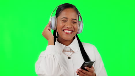 Happy-woman,-headset-and-phone-listening-to-music