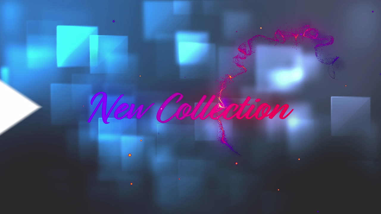 Animation of new collection text over white arrows and moving colorful wave