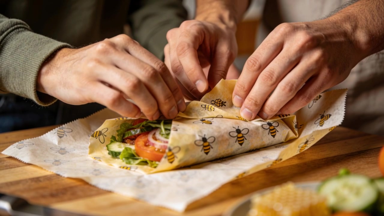 Placing sandwich on bee wrap, green-sleeved and bare arms folding, sealing ready to pack on board