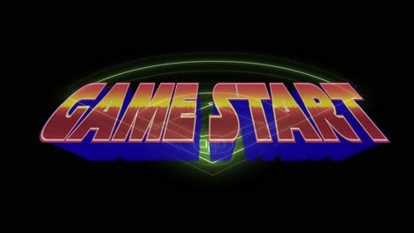 animation of game start text over neon sports stadium