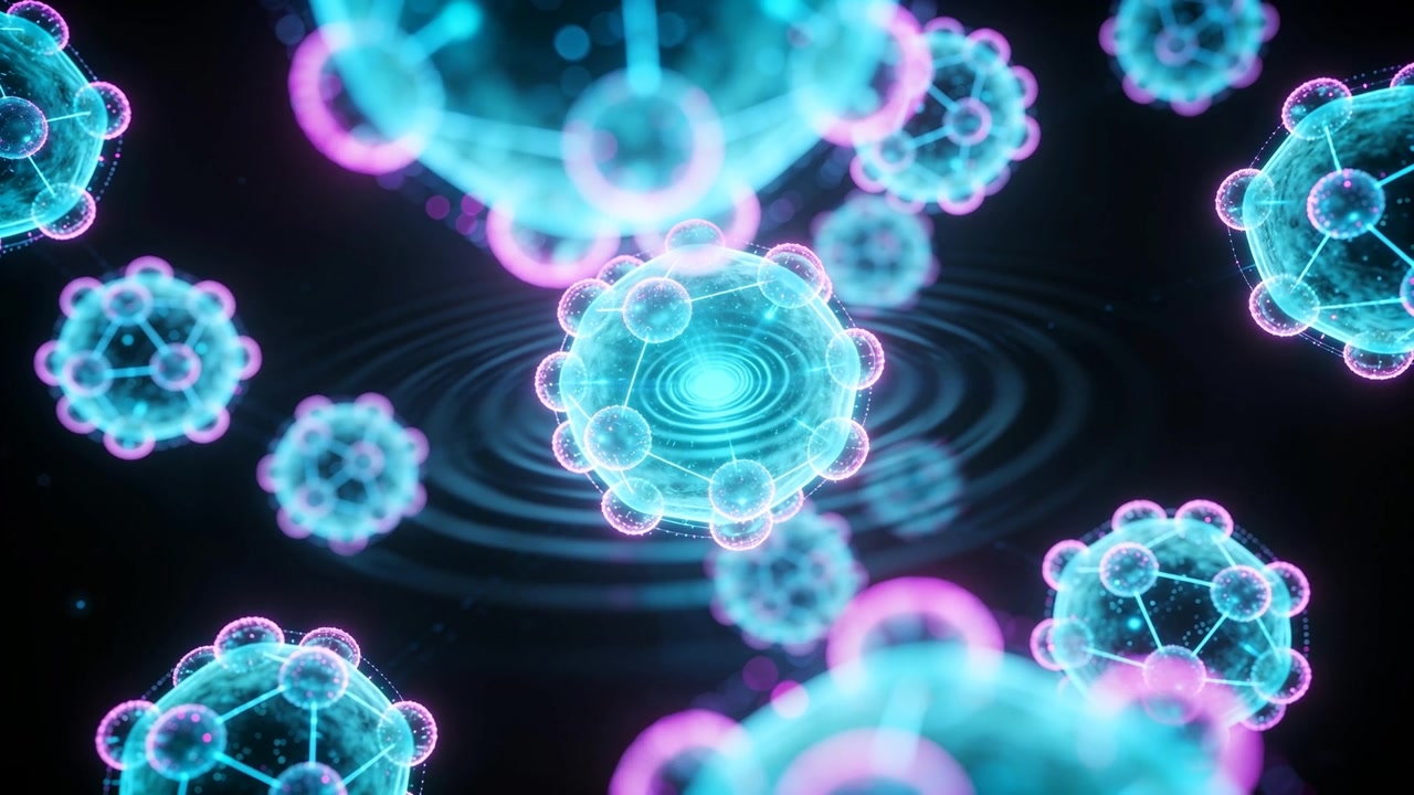 Una sfera ciano trasparente e luminosa si muove in un fluido scuro, con increspature che si espandono al di sotto, mostrando spuntoni a reticolo.