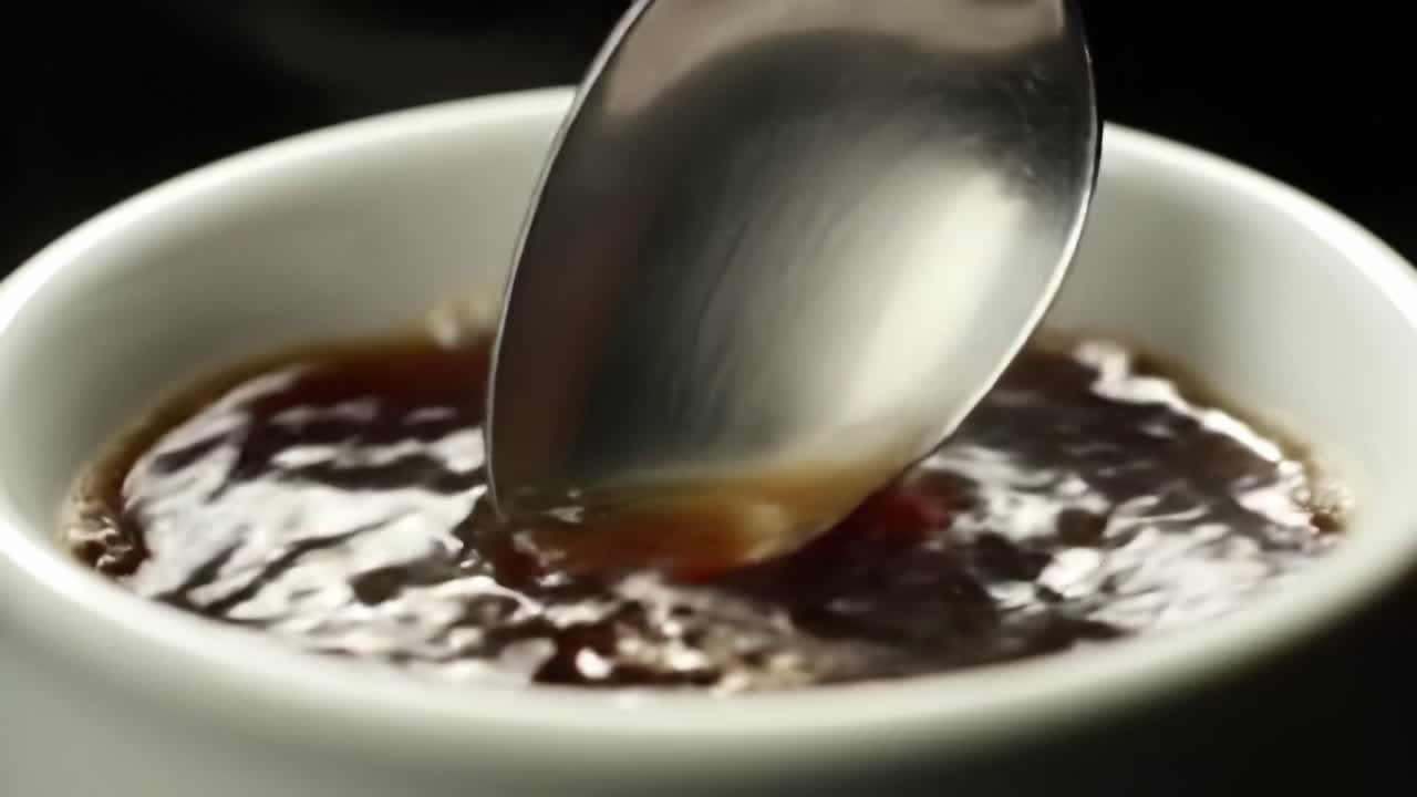 Close-up of a Spoon Stirring Liquid in a White Bowl, Capturing the Movement and Texture of the Dark, Glossy Substance Reflecting Light for an Aesthetic Culinary Display