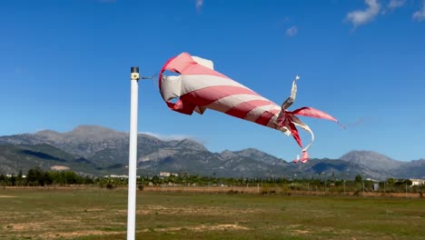 manga de viento blanca y naranja girando en un ala fuerte en un hermoso día soleado