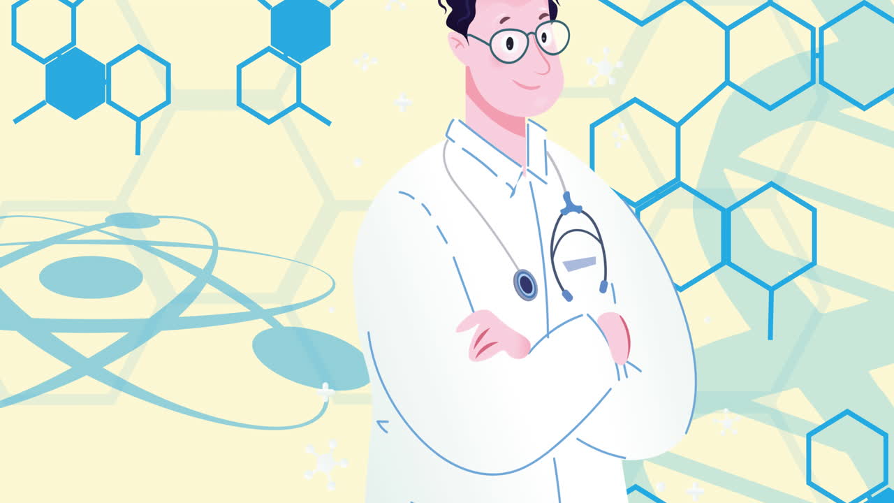 animación de un médico masculino sobre iconos médicos en movimiento
