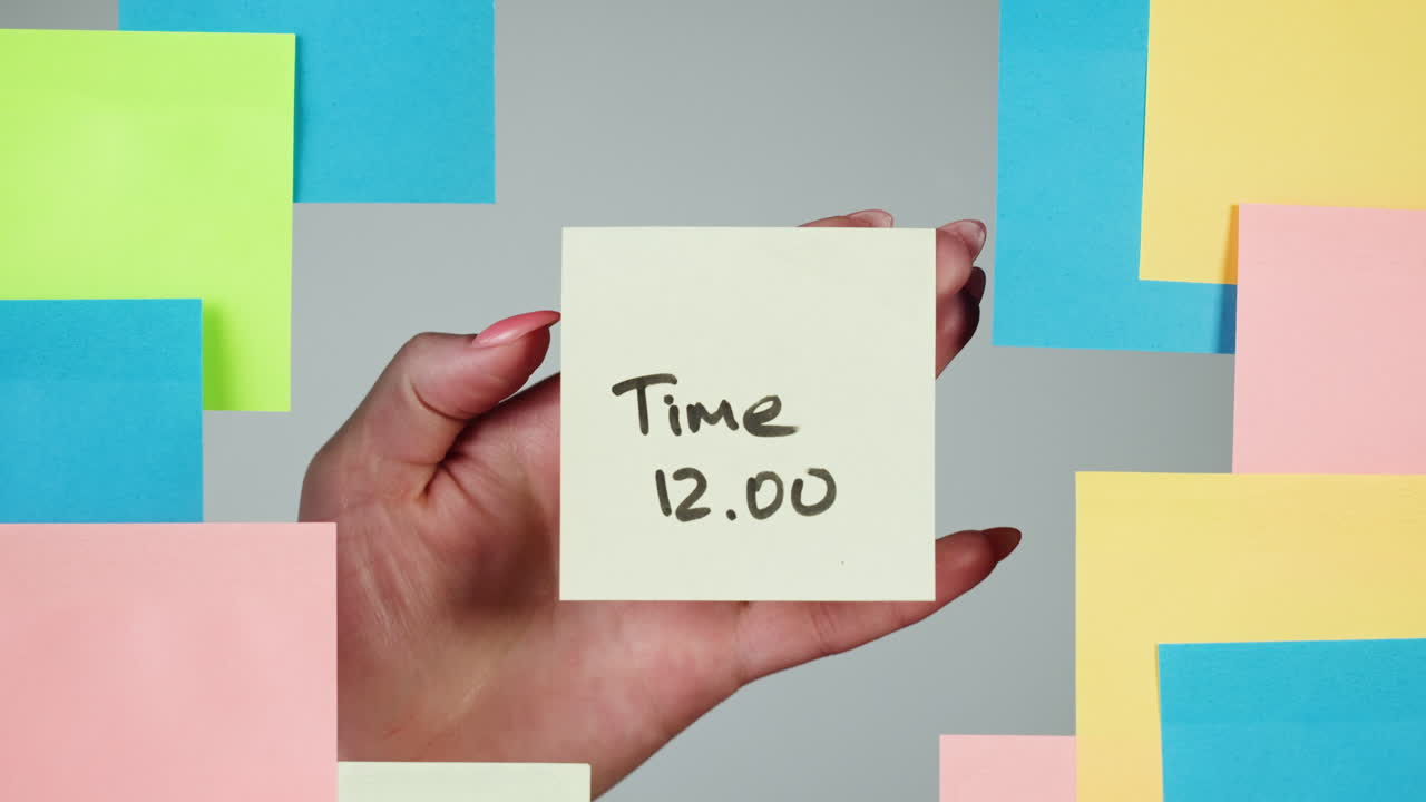 Hand Placing Sticky Note with Time 12.00 on Gray Background