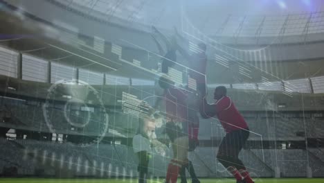 animación del procesamiento de datos durante un partido de rugby en un estadio deportivo