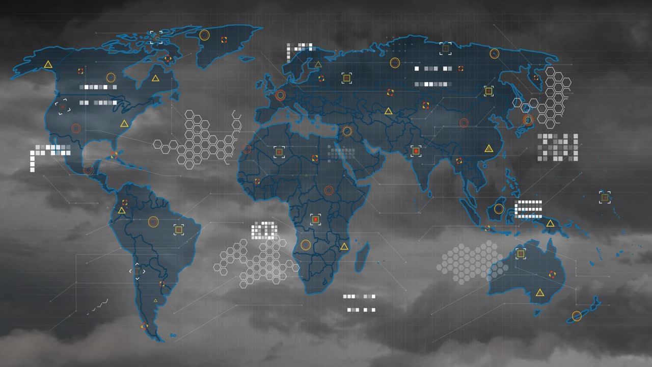 On start digital world map materializing, popping warning triangles, hex clusters visualizing data