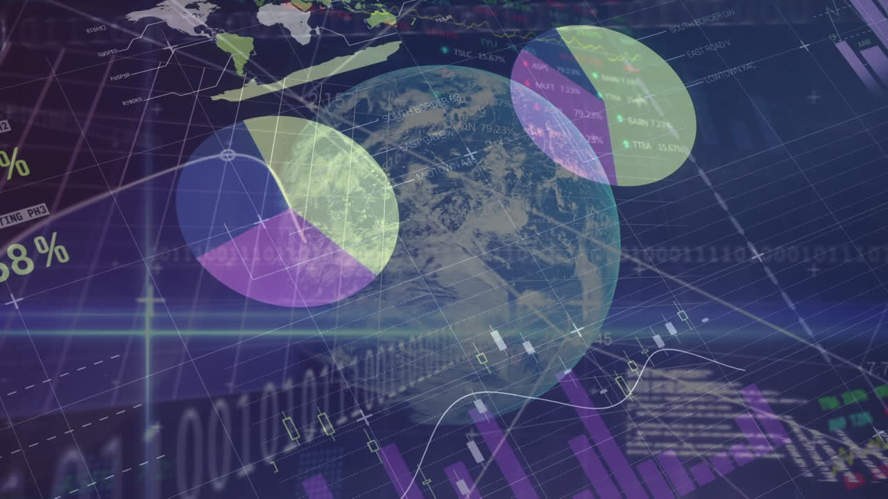 Animation of financial data processing with binary coding over globe and grid