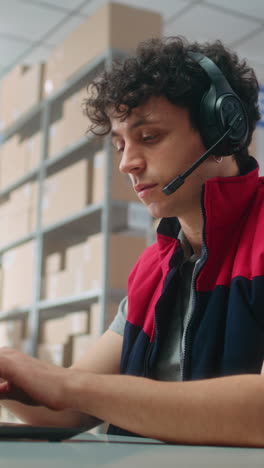 warehouse worker on laptop with headset