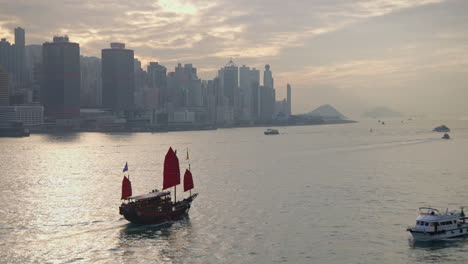 a traditional junk boat glides peacefully across the reflective waters of hong kong's victoria harbour during sunset