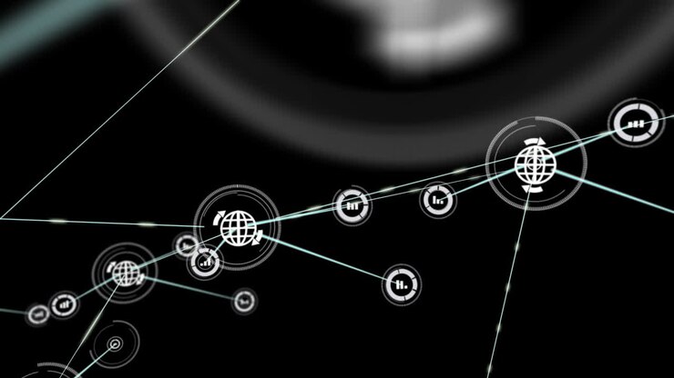 Animation of network of connections with icons on black background