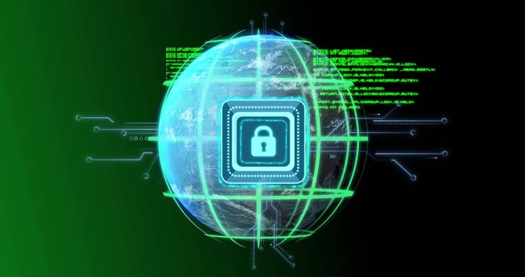 Starting globe chip lock pulsing over green gradient sending traces streaming code for security