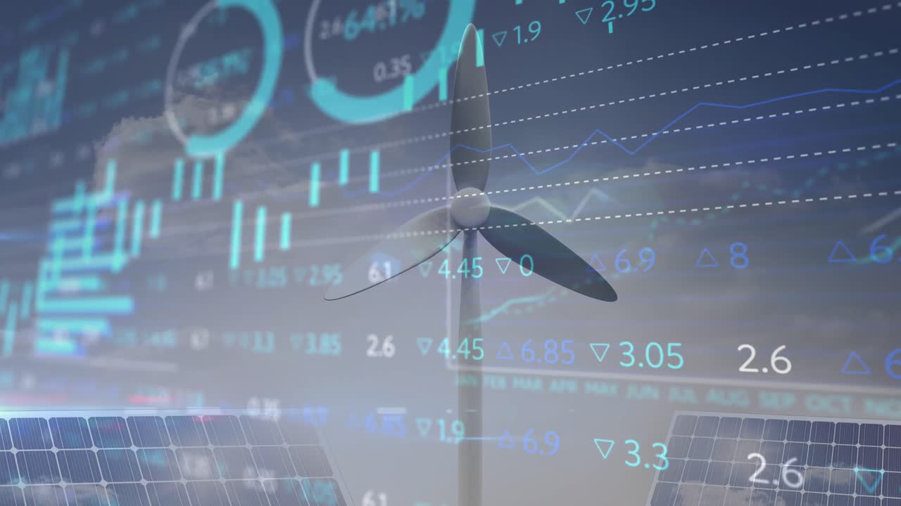 파란 하늘에 대한 풍차와 태양 전지 패널을 통해 금융 데이터 처리