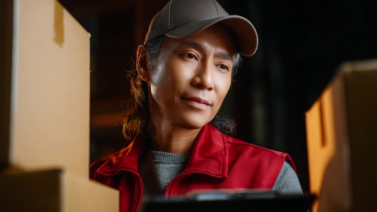 A thoughtful individual in a red vest and cap surrounded by stacked packages, contemplating logistics and deliveries under dim lighting, showcasing a serene yet focused expression in a warehouse-like environment