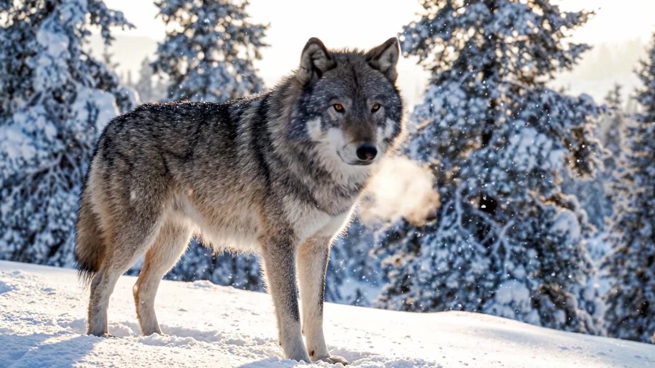 Majestic Wolf in Winter Landscape: Captivating Scenes of a Wolf Amidst Snowy Wilderness with Breathtaking Natural Beauty and the Chill of Winter Air