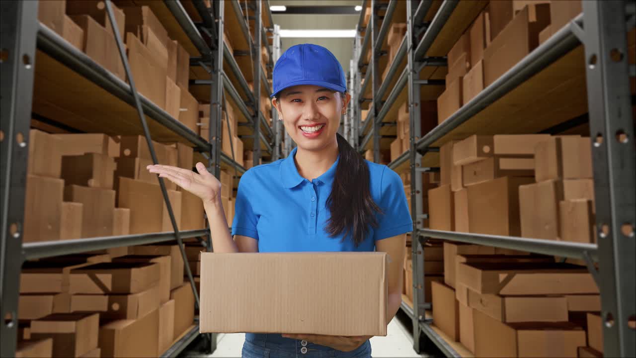 mensajera asiática en uniforme azul sonriendo y señalando al lado mientras entrega un cartón en el almacén