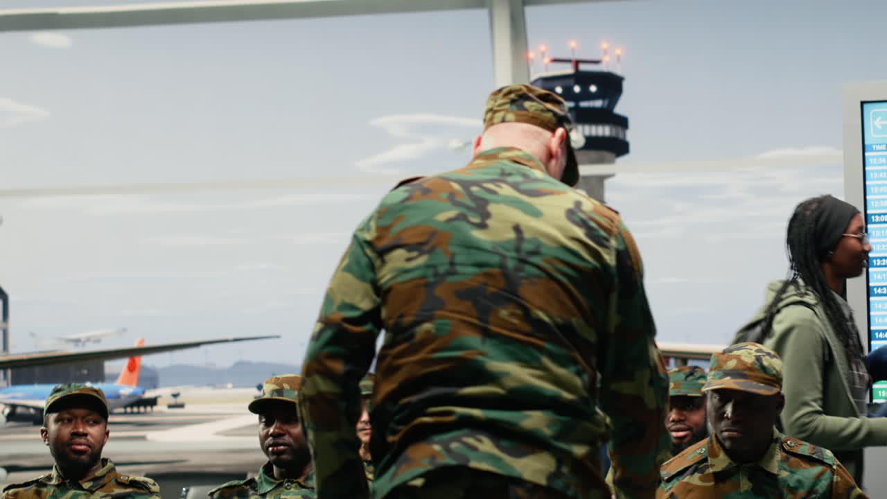 Veterano militare in aeroporto che comanda una squadra dell'esercito