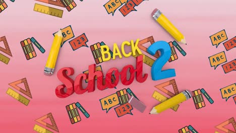 Animation-of-back-2-school-text-over-school-items-icons-on-red-background