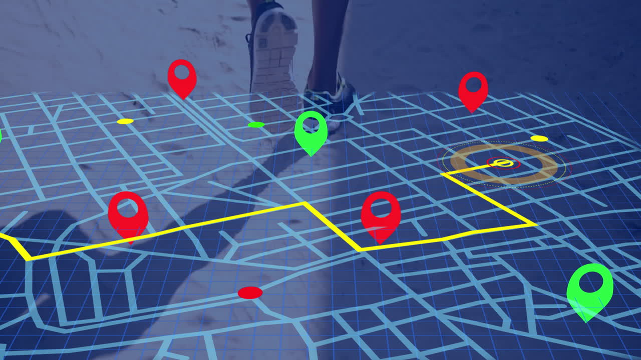 esquema de línea de mapa de navegación sobre el navegador contra la sección baja del hombre afroamericano corriendo