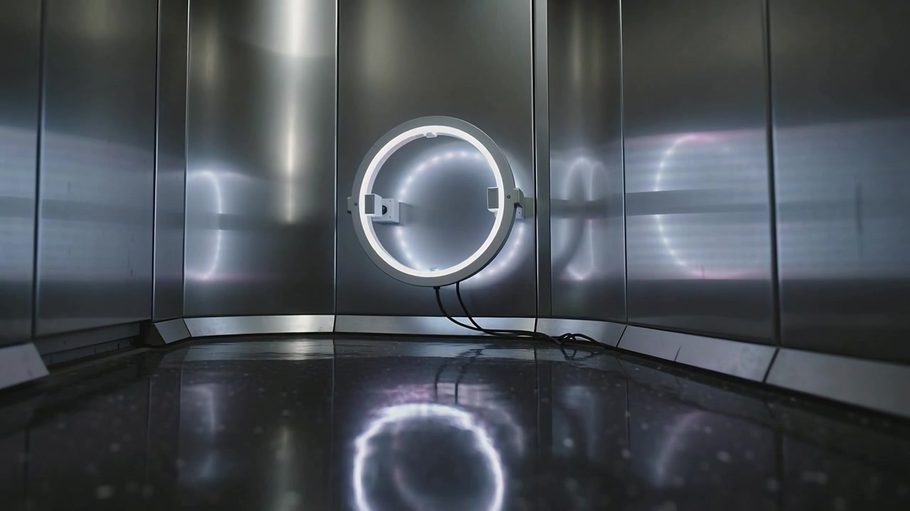 Powering ring fixture brightening, casting sharp glow with power cables in metal booth for testing