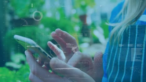 animation of data processing over caucasian woman using smartphone