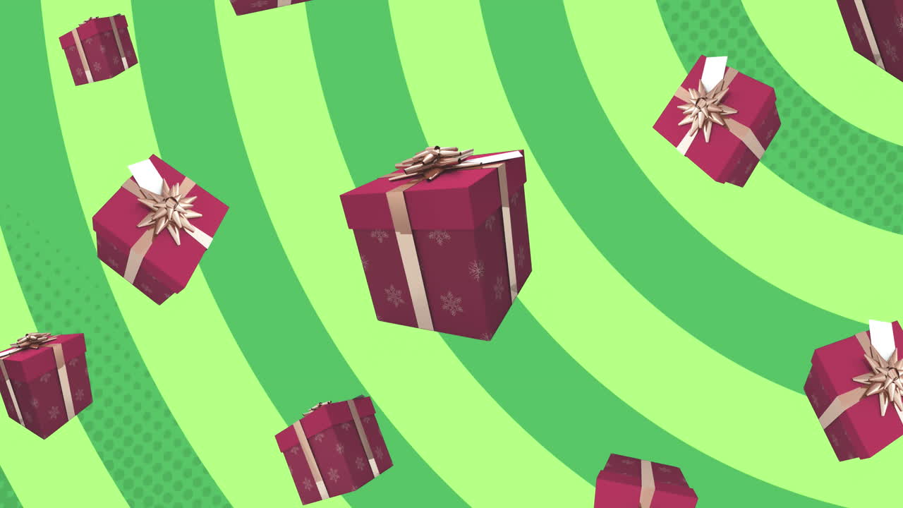 Animation of presents falling at christmas on green background