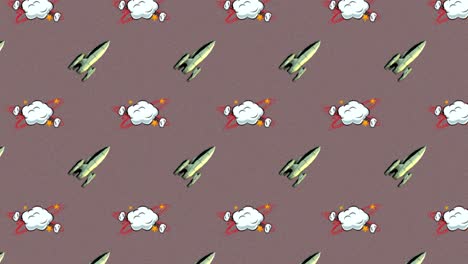 animación de múltiples cohetes espaciales de dibujos animados vintage y iconos de nubes sobre fondo marrón