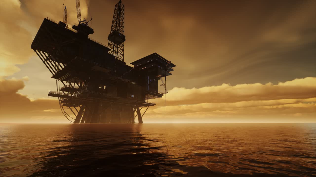 Offshore Jack Up Rig in The Middle of The Sea at Sunset Time