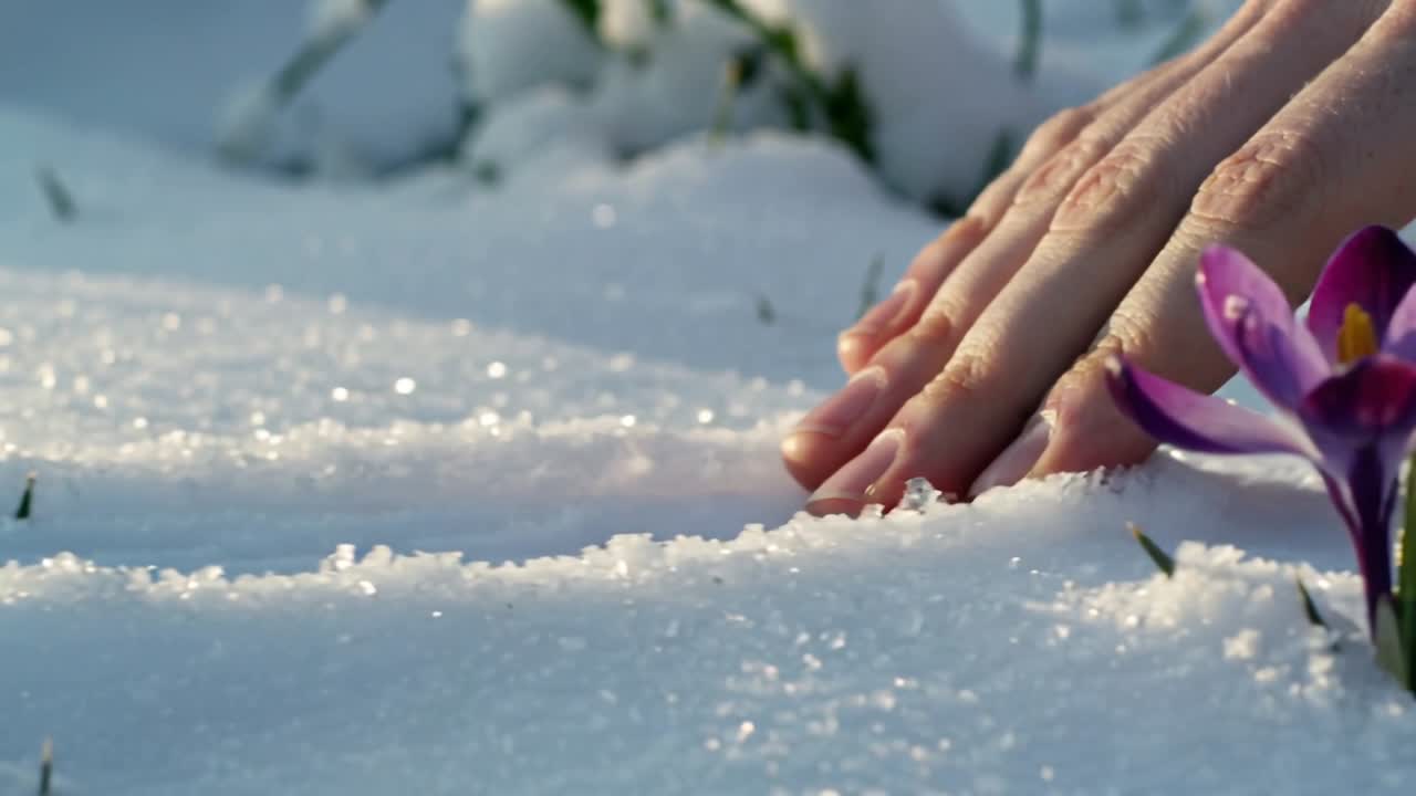 Entrando nell'inquadratura, una mano nuda scivola sulla neve fresca in un'aiuola, rivelando un croco viola.