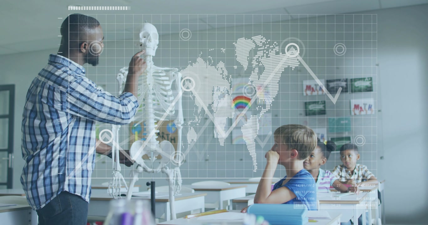 Teacher raising hand pointing to skeleton, causing AR dotmap nodes and rising line teaching anatomy